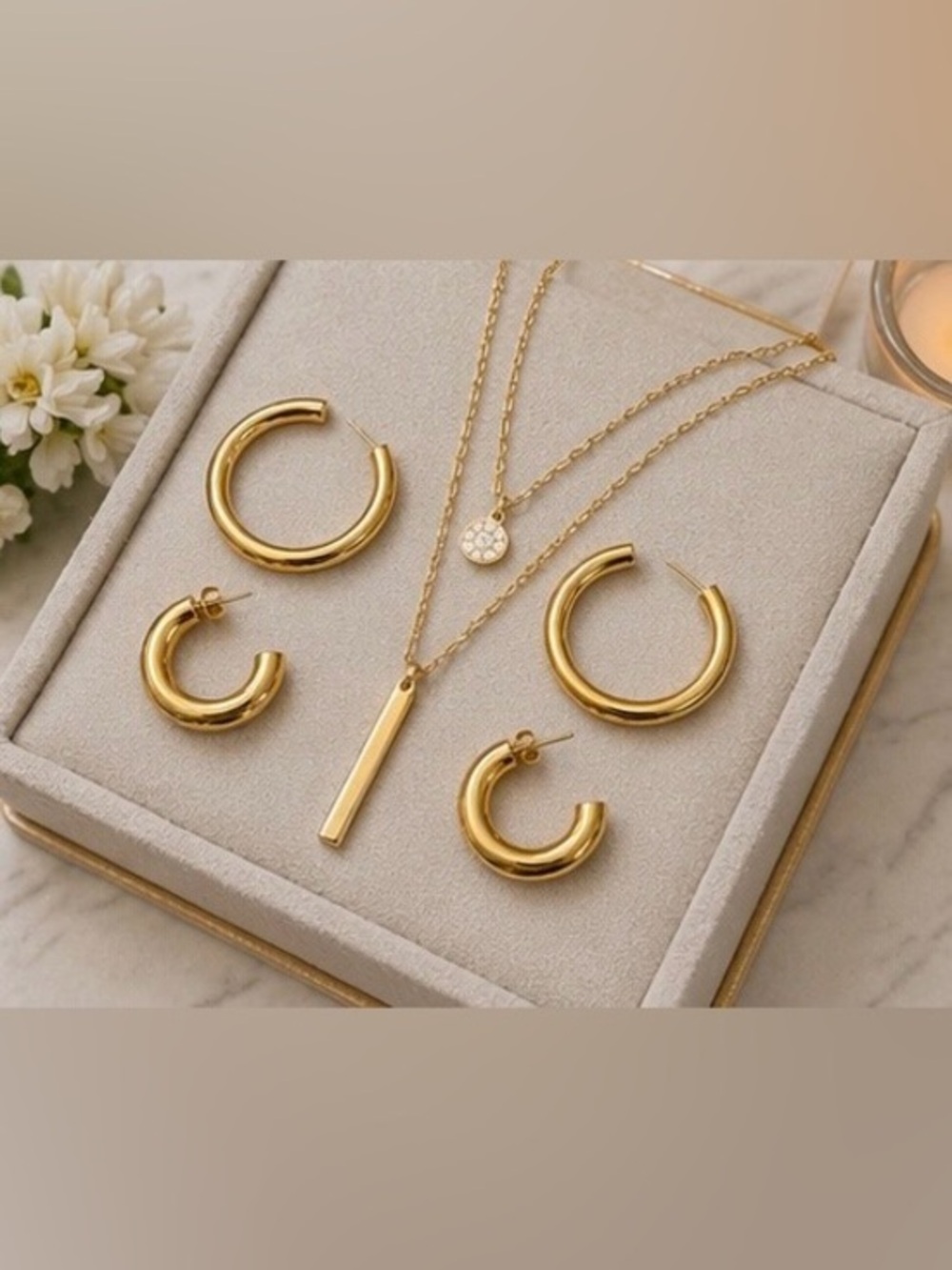✨ Gold Layered Necklace & Hoop Earring Minimalist Set 💫